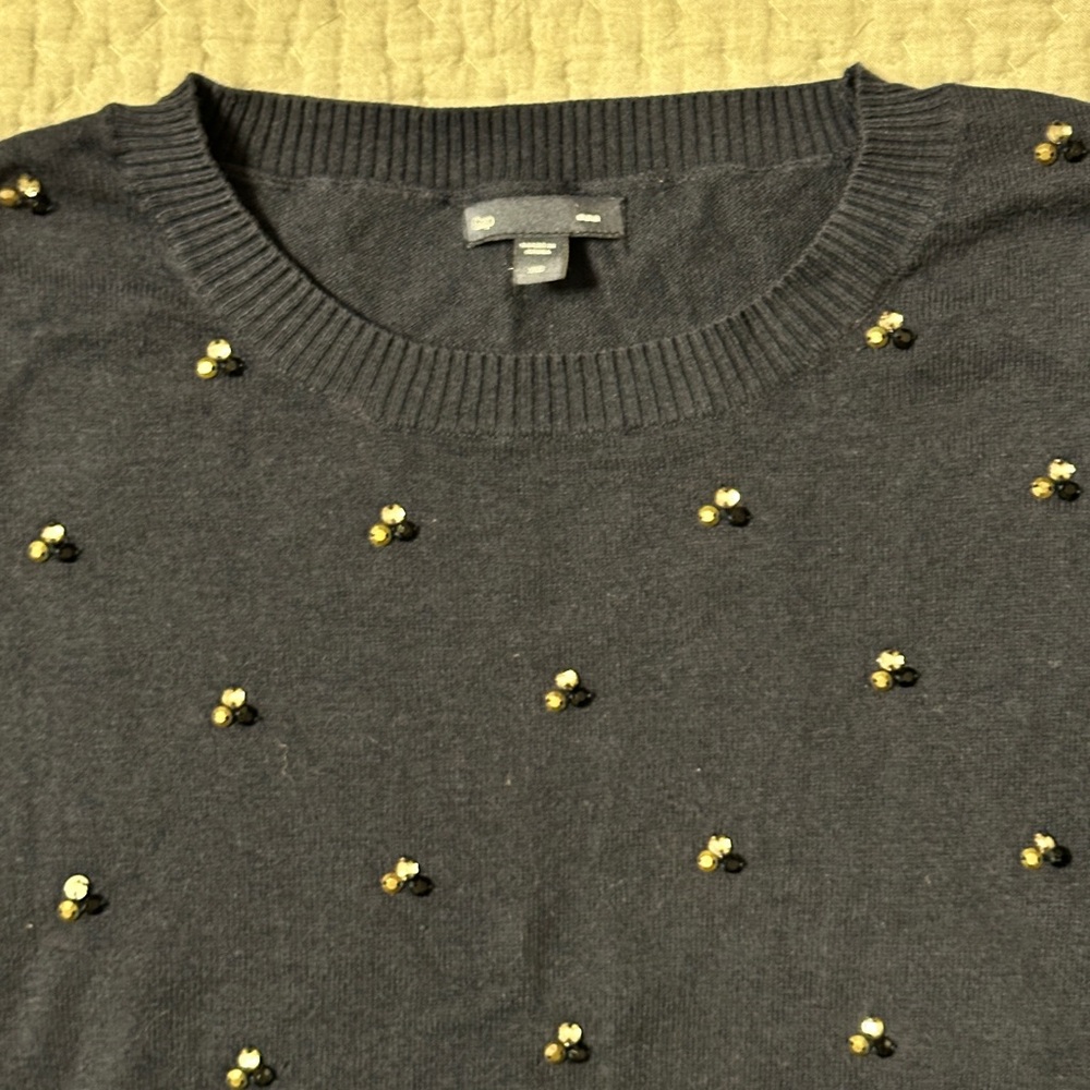 Gap Women’s Navy gold Sequin accent Sweater XS Crew neck 3/4 sleeve 100% Cotton